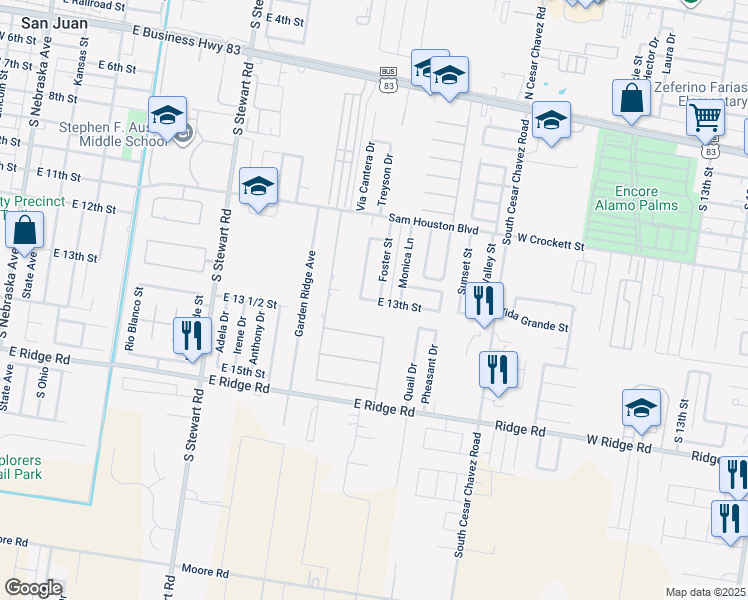 map of restaurants, bars, coffee shops, grocery stores, and more near 905 East 13th Street in San Juan