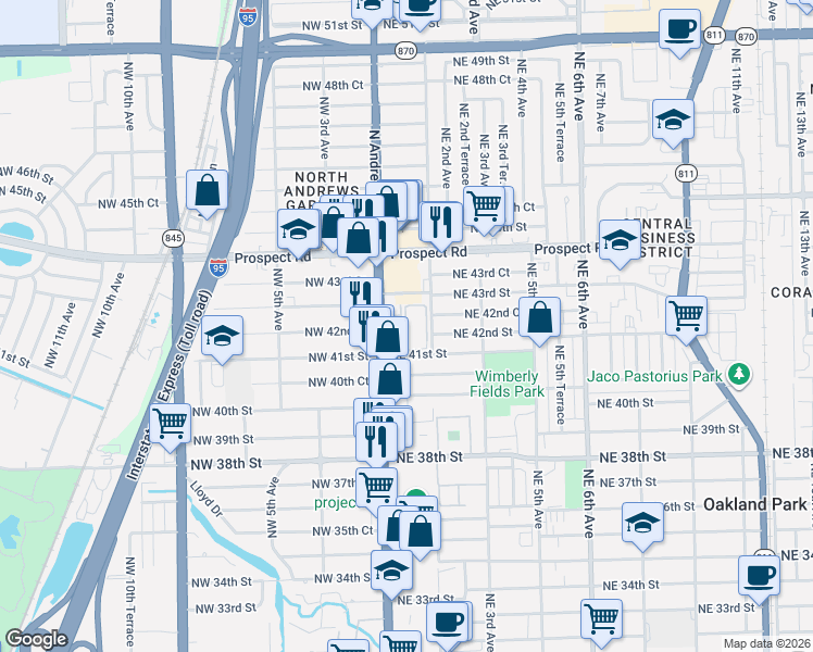 map of restaurants, bars, coffee shops, grocery stores, and more near 95 Northeast 41st Street in Oakland Park