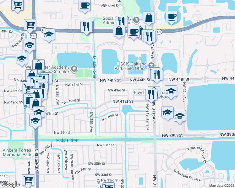 map of restaurants, bars, coffee shops, grocery stores, and more near 3391 Northwest 41st Street in Lauderdale Lakes