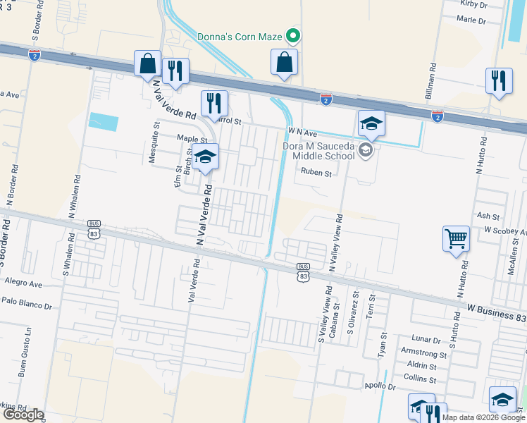 map of restaurants, bars, coffee shops, grocery stores, and more near 523 Royal Palm Drive in Donna