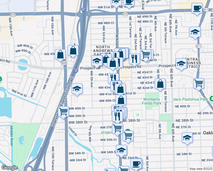 map of restaurants, bars, coffee shops, grocery stores, and more near 150 Northwest 42nd Street in Oakland Park