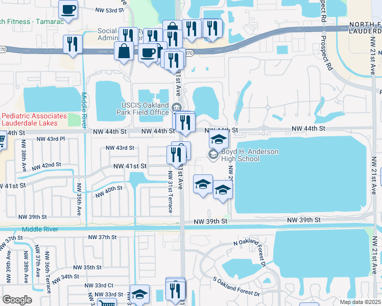 map of restaurants, bars, coffee shops, grocery stores, and more near in Lauderdale Lakes