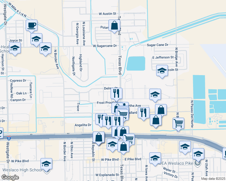 map of restaurants, bars, coffee shops, grocery stores, and more near 1804 North Missouri Avenue in Weslaco