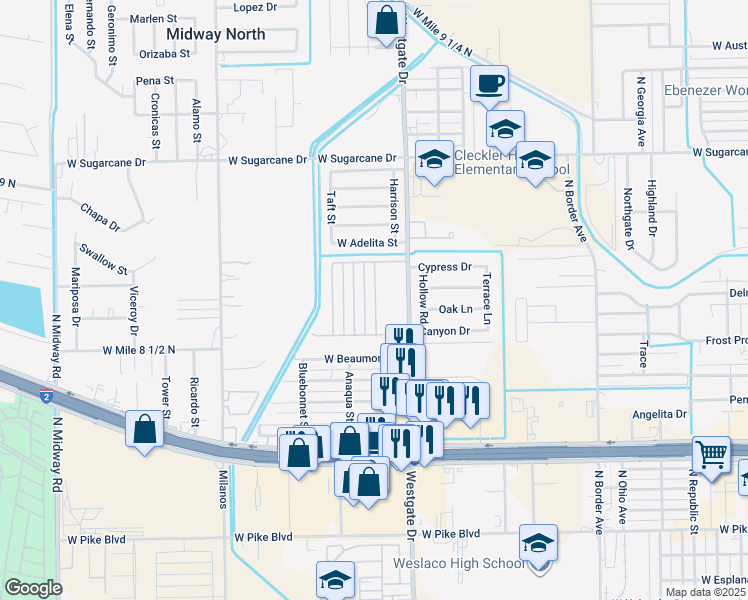 map of restaurants, bars, coffee shops, grocery stores, and more near 1720 Harrison Street in Weslaco