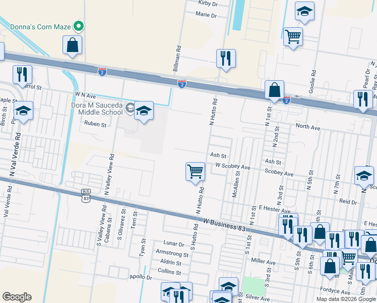 map of restaurants, bars, coffee shops, grocery stores, and more near 401 North Hutto Road in Donna
