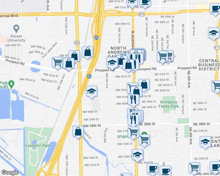 map of restaurants, bars, coffee shops, grocery stores, and more near 497 Northwest 42nd Street in Oakland Park