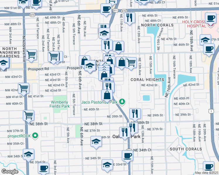 map of restaurants, bars, coffee shops, grocery stores, and more near 4250 North Dixie Highway in Oakland Park