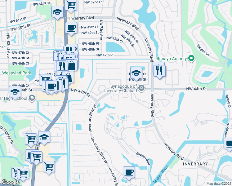 map of restaurants, bars, coffee shops, grocery stores, and more near 7150 Northwest 44th Court in Lauderhill