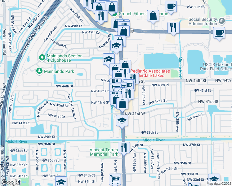 map of restaurants, bars, coffee shops, grocery stores, and more near 4390 Northwest 41st Terrace in Lauderdale Lakes
