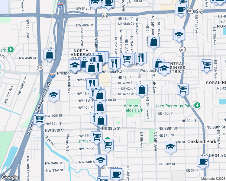 map of restaurants, bars, coffee shops, grocery stores, and more near 4301 Northeast 1st Terrace in Oakland Park