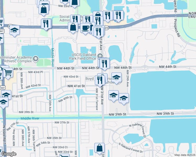 map of restaurants, bars, coffee shops, grocery stores, and more near 3131 Northwest 43rd Street in Lauderdale Lakes