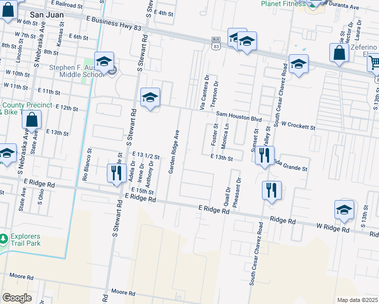 map of restaurants, bars, coffee shops, grocery stores, and more near 1200 Houston Way in San Juan