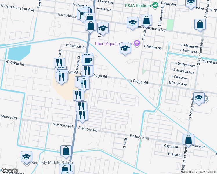 map of restaurants, bars, coffee shops, grocery stores, and more near 1305 South Cypress Street in Pharr