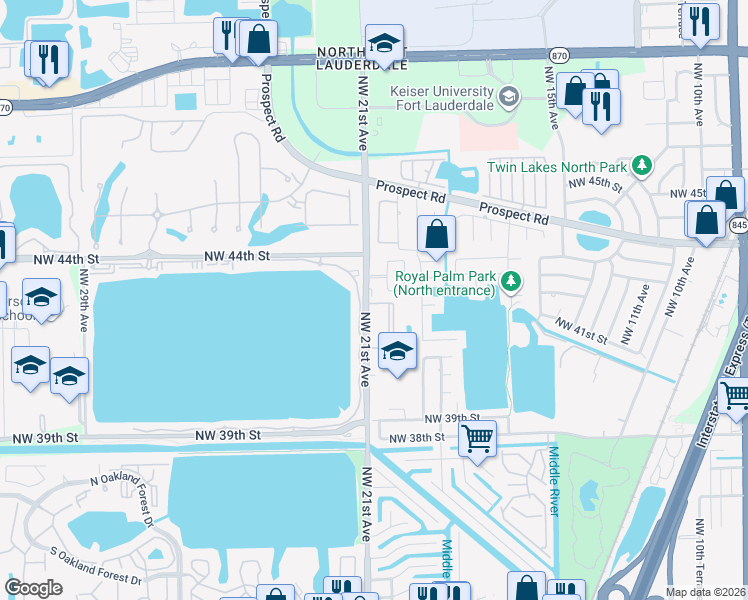 map of restaurants, bars, coffee shops, grocery stores, and more near 4281 Northwest 20th Avenue in Oakland Park