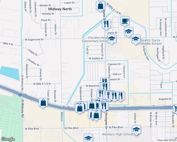 map of restaurants, bars, coffee shops, grocery stores, and more near 2000 Taft Street in Weslaco