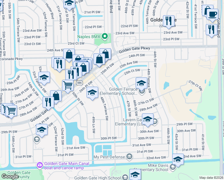 map of restaurants, bars, coffee shops, grocery stores, and more near 2601 47th Terrace Southwest in Naples