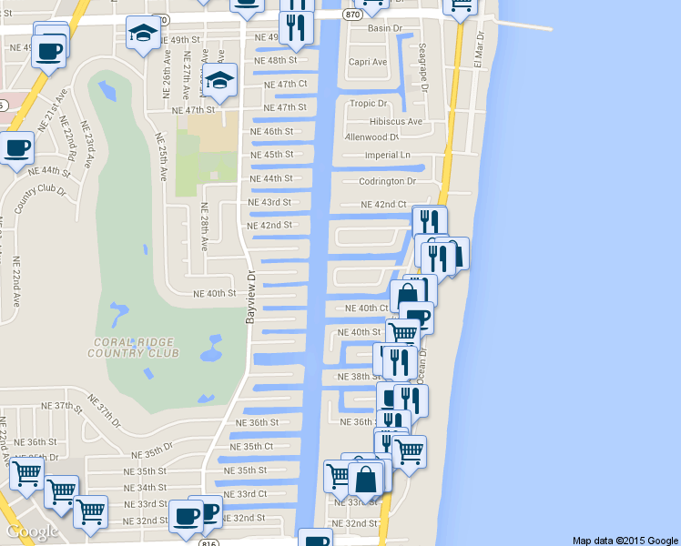 map of restaurants, bars, coffee shops, grocery stores, and more near 23 Fort Royal Isle in Fort Lauderdale