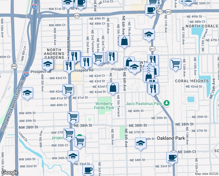map of restaurants, bars, coffee shops, grocery stores, and more near 4250 Northeast 5th Avenue in Oakland Park