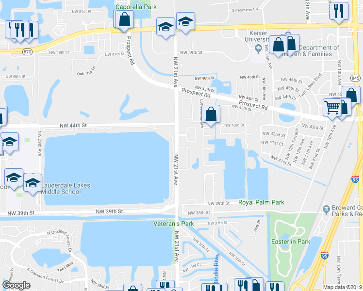 map of restaurants, bars, coffee shops, grocery stores, and more near 4281 Northwest 20th Avenue in Oakland Park