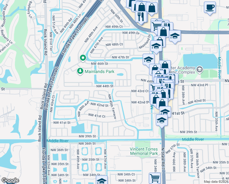 map of restaurants, bars, coffee shops, grocery stores, and more near 4406 Northwest 44th Street in Tamarac