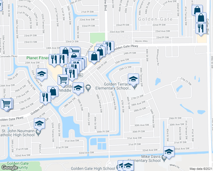 map of restaurants, bars, coffee shops, grocery stores, and more near 2580 47th Terrace Southwest in Naples