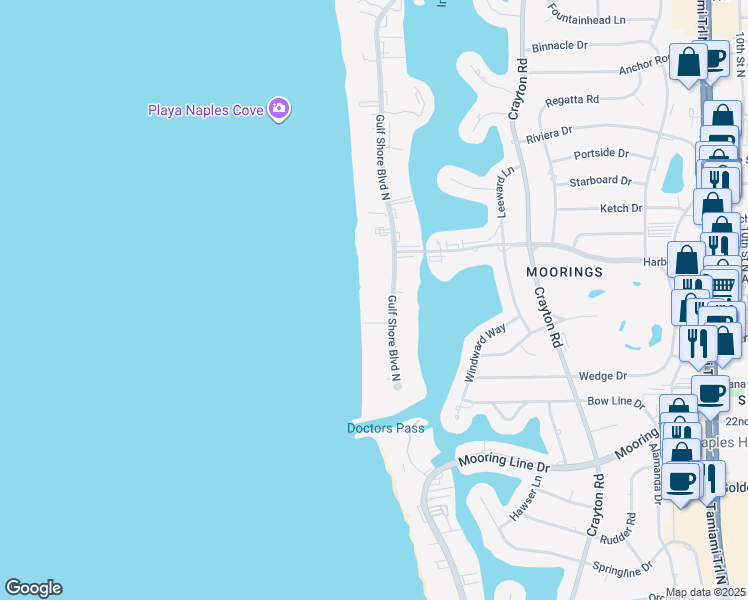 map of restaurants, bars, coffee shops, grocery stores, and more near 2885 Gulf Shore Boulevard North in Naples