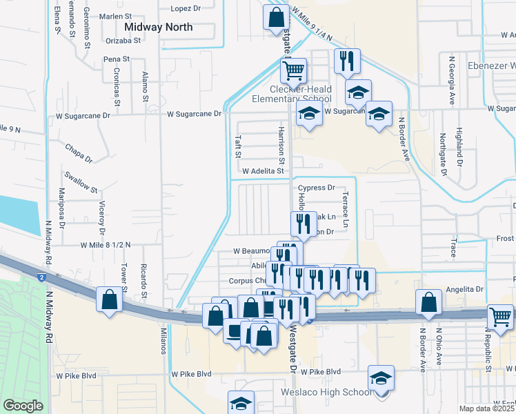 map of restaurants, bars, coffee shops, grocery stores, and more near 2005 Harrison Street in Weslaco