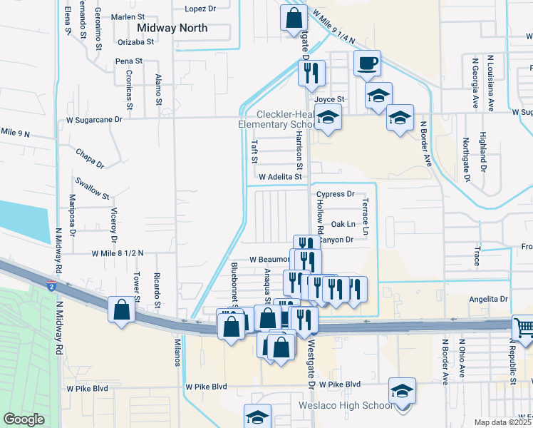 map of restaurants, bars, coffee shops, grocery stores, and more near 2000 Taft Street in Weslaco