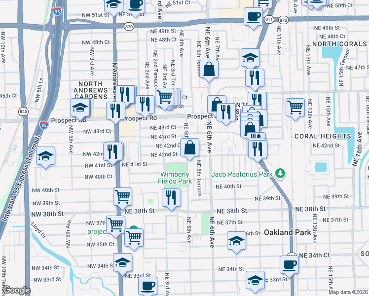 map of restaurants, bars, coffee shops, grocery stores, and more near 4250 Northeast 5th Avenue in Oakland Park