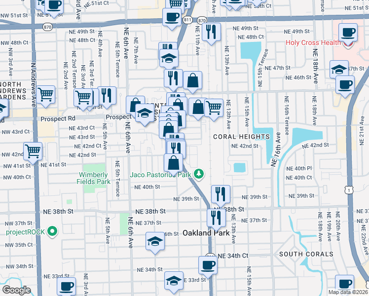 map of restaurants, bars, coffee shops, grocery stores, and more near 4250 North Dixie Highway in Oakland Park