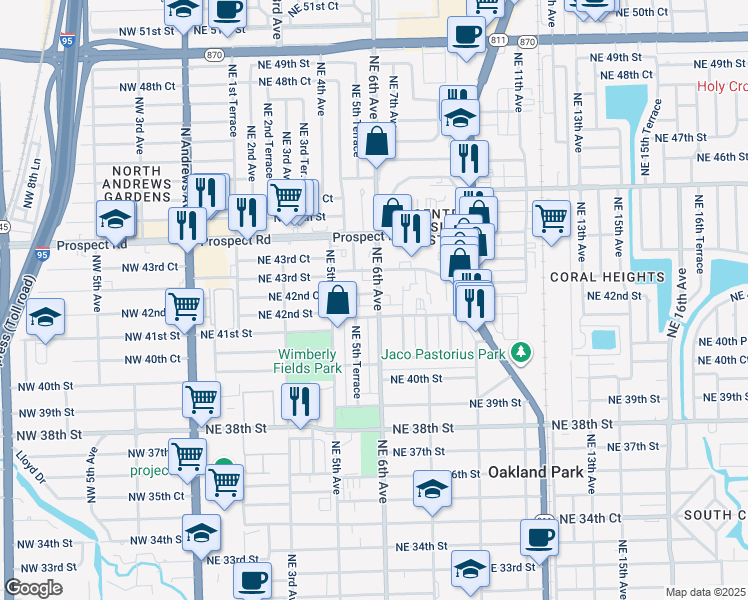 map of restaurants, bars, coffee shops, grocery stores, and more near 4251 Northeast 6th Avenue in Oakland Park