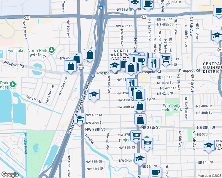 map of restaurants, bars, coffee shops, grocery stores, and more near 4303 Northwest 5th Avenue in Oakland Park