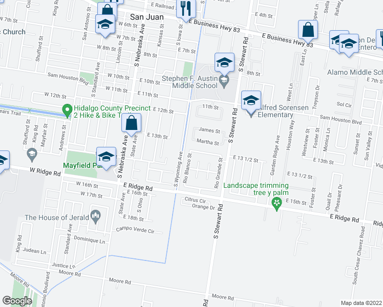 map of restaurants, bars, coffee shops, grocery stores, and more near 404 Rio Colorado Street in San Juan