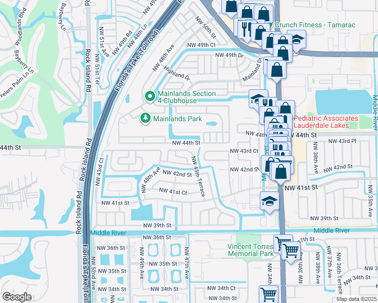 map of restaurants, bars, coffee shops, grocery stores, and more near 4510 Northwest 44th Street in Tamarac