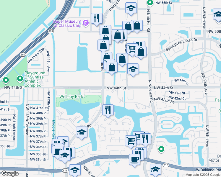 map of restaurants, bars, coffee shops, grocery stores, and more near 11000 Reflections Boulevard North in Sunrise