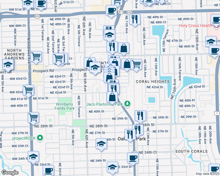 map of restaurants, bars, coffee shops, grocery stores, and more near 4250 North Dixie Highway in Oakland Park
