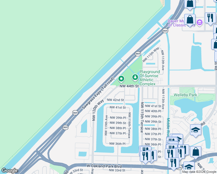 map of restaurants, bars, coffee shops, grocery stores, and more near 12095 Northwest 44th Street in Sunrise