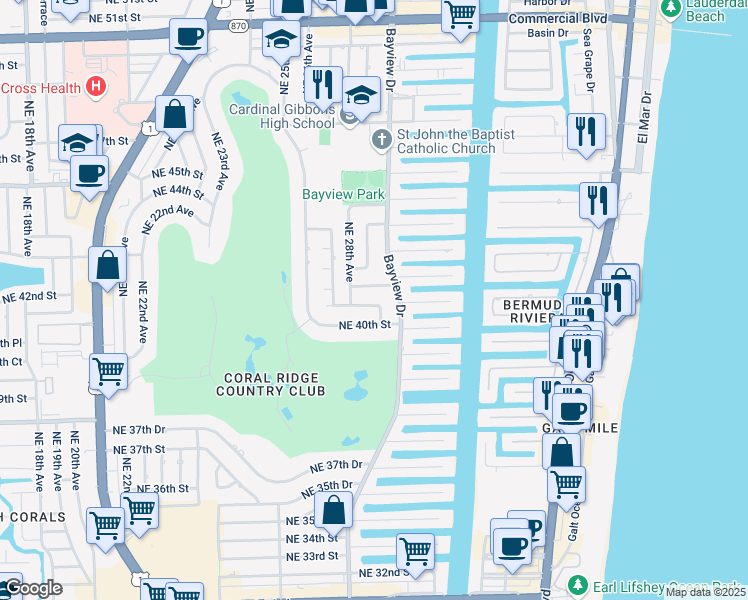 map of restaurants, bars, coffee shops, grocery stores, and more near 2840 Northeast 41st Street in Fort Lauderdale