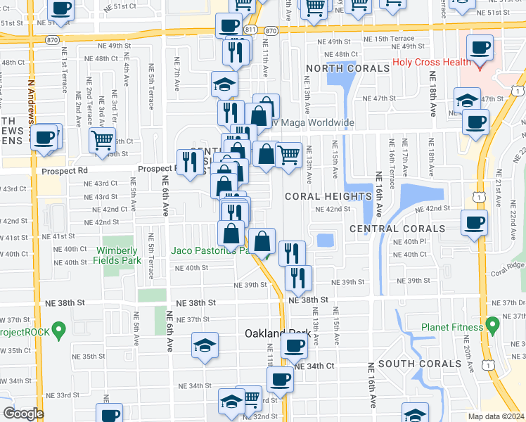map of restaurants, bars, coffee shops, grocery stores, and more near 1078 Northeast 43rd Street in Oakland Park