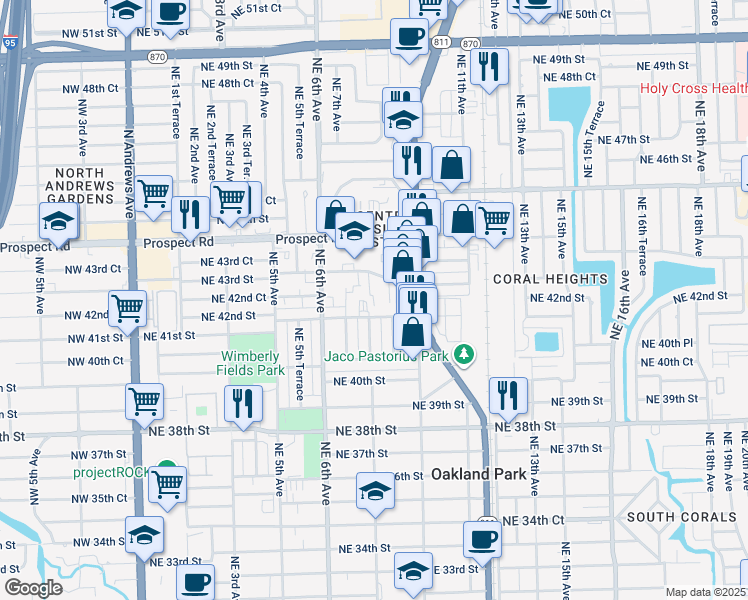 map of restaurants, bars, coffee shops, grocery stores, and more near 798 Northeast 43rd Street in Oakland Park
