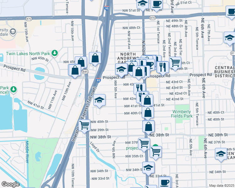 map of restaurants, bars, coffee shops, grocery stores, and more near 4303 Northwest 5th Avenue in Oakland Park