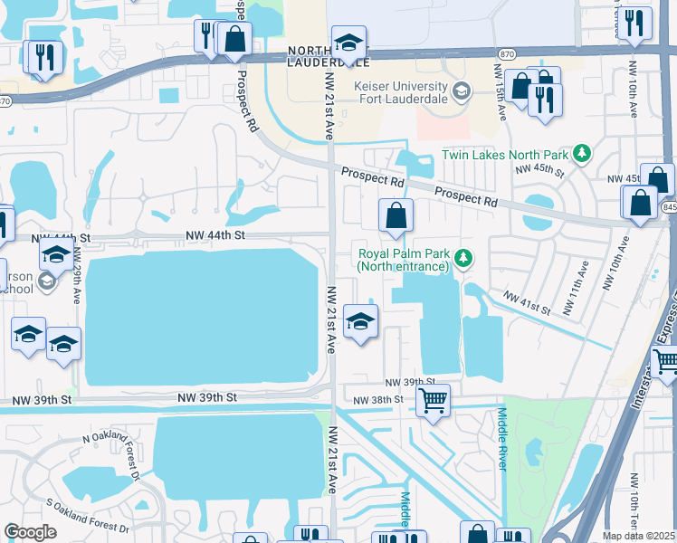 map of restaurants, bars, coffee shops, grocery stores, and more near 4281 Northwest 20th Avenue in Oakland Park