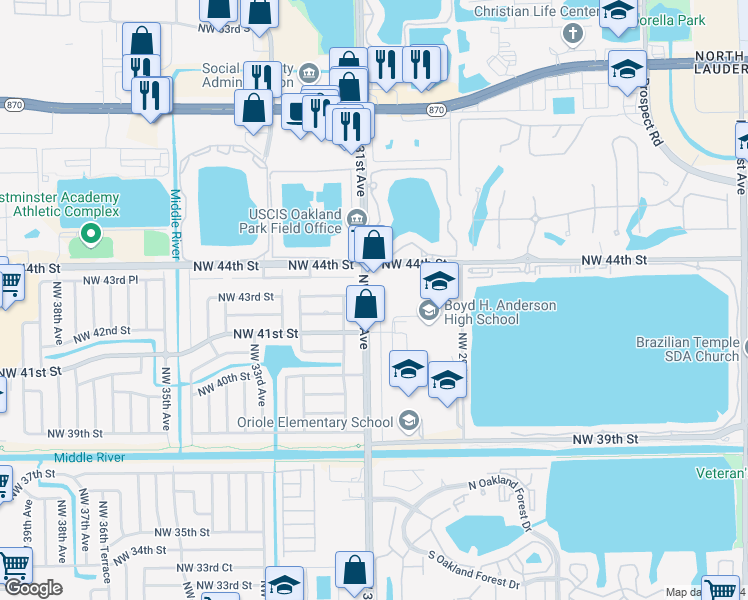 map of restaurants, bars, coffee shops, grocery stores, and more near 4400 Northwest 31st Avenue in Oakland Park