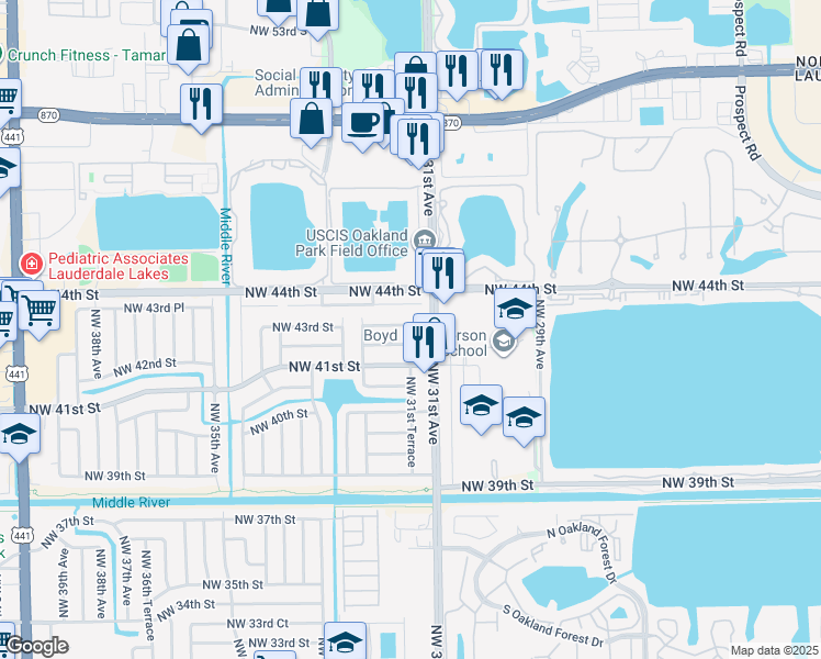 map of restaurants, bars, coffee shops, grocery stores, and more near 3131 Northwest 43rd Street in Lauderdale Lakes