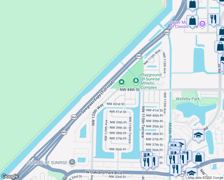 map of restaurants, bars, coffee shops, grocery stores, and more near 12095 Northwest 44th Street in Sunrise