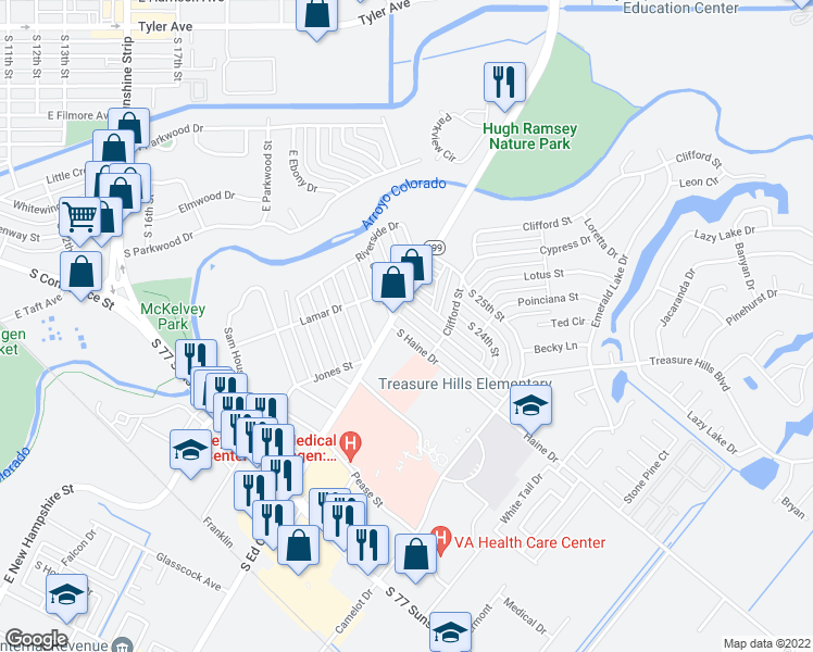 map of restaurants, bars, coffee shops, grocery stores, and more near 2310 North Ed Carey Drive in Harlingen