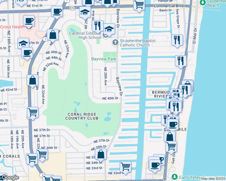 map of restaurants, bars, coffee shops, grocery stores, and more near 2840 Northeast 41st Street in Fort Lauderdale