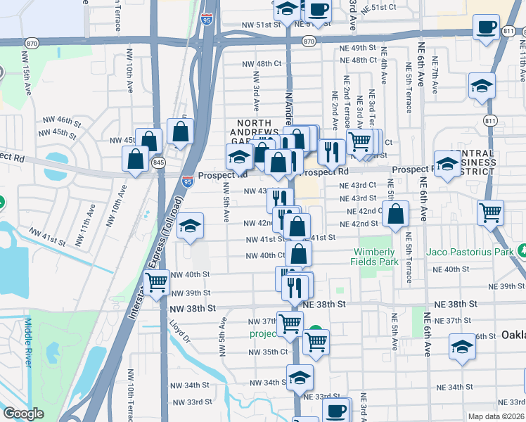 map of restaurants, bars, coffee shops, grocery stores, and more near 147 Northwest 43rd Street in Oakland Park
