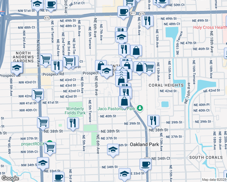 map of restaurants, bars, coffee shops, grocery stores, and more near 798 Northeast 43rd Street in Oakland Park