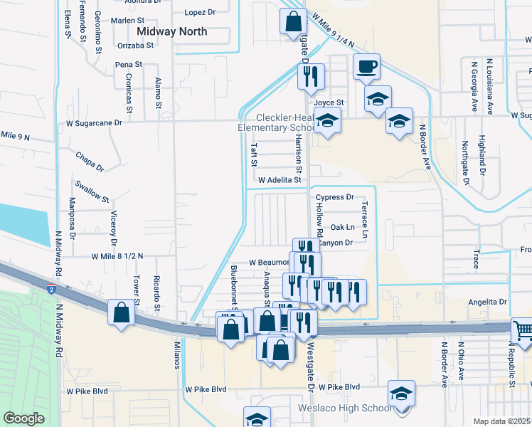 map of restaurants, bars, coffee shops, grocery stores, and more near 2000 Taft Street in Weslaco